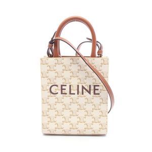 【二手】Celine CELINE迷你直款 Cabas Triomphe 2WAY 白色/ブラウンPVC 塗佈帆布皮革豎款 Cabas Mini 手提包