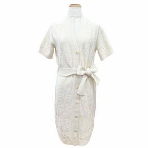 Mint condition △HERMES 4E2522D3 100% virgin wool, Sellier buttons, belted, H motif, short-sleeved knit cardigan dress, ivory, size 34, made in Italy, women's.