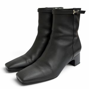 Excellent condition △HERMES HOMMAGE leather ankle boots with silver hardware, H logo, side zip, black, size 37, made in Italy, women's, with box and dust bag.