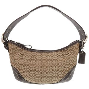 精美 COACH 迷你老花 6351 真皮帆布 米色 深棕色 Hobo 单肩包/斜挎包 1672【二手】COACH