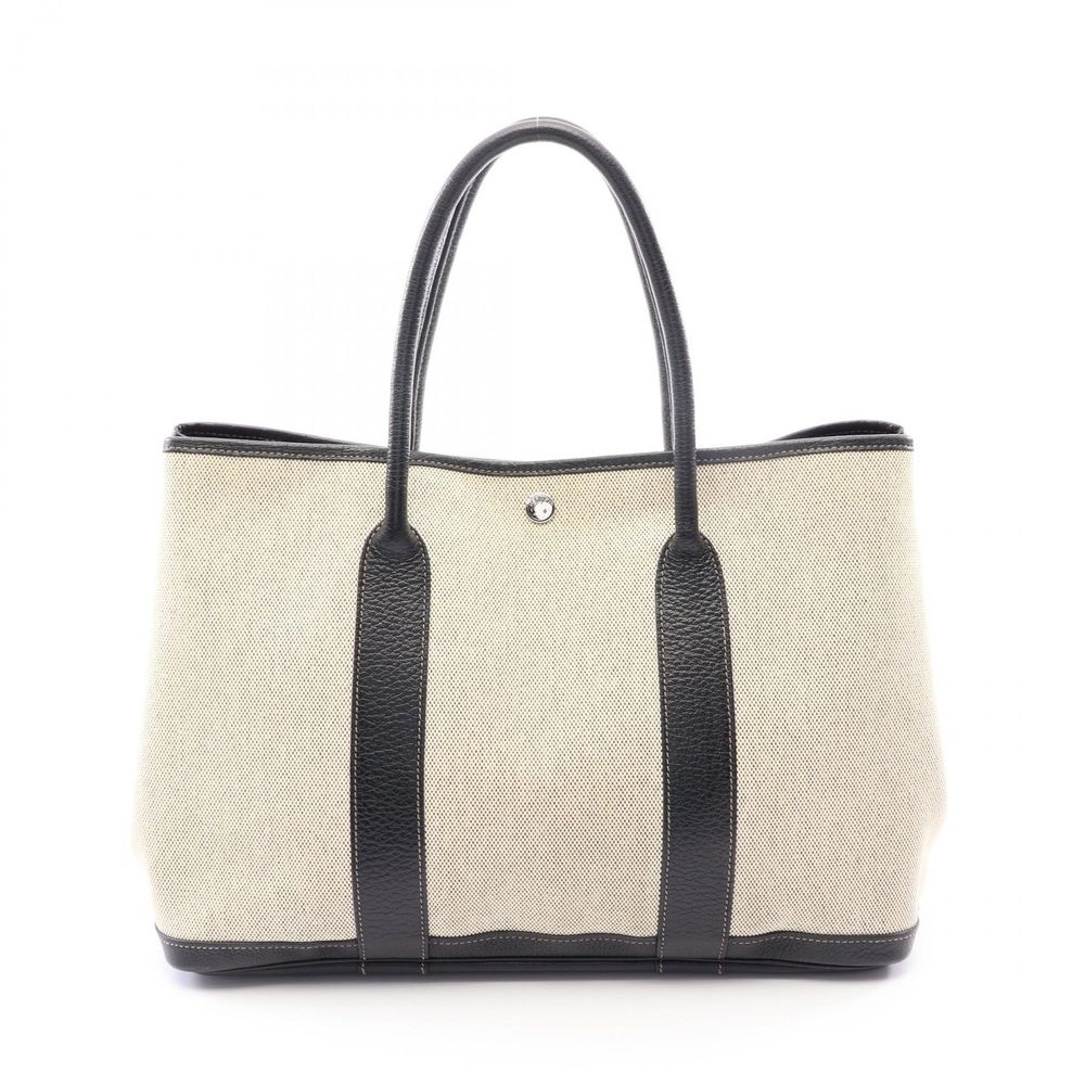【중고】 Hermes 에르메스 토트백 가든파티 PM 옵티컬 H 에크뤼/블랙 캔버스 레더 가든파티 PM 옵티컬 H 에크뤼/블랙