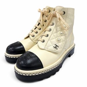 Mint condition☆CHANEL G33188 Coco Mark Eco Pearl Leather Short Boots, Ivory/Black, Size 35.5, Made in Italy, Women's