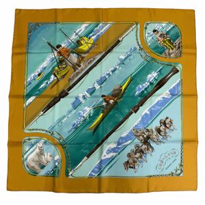 최상급 컨디션☆Hermes 에르메스 까레 90 GRONLAND 그린란드 실크 100% 반다나/스카프 옐로우 계열 프랑스제 여성용 박스 포함