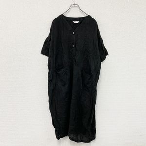 YARRA Short-Sleeved Linen Dress, V-Neck, Black, Size F, Women's, Linen, Vintage Clothing