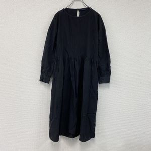 ICHI (Ichi) Long-sleeved 2-way Waist Gathered Dress, Linen, Black, Vintage