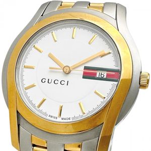 GUCCI 구찌 쉐리 라인 데이트 5500XL 아날로그 손목시계 스테인리스 스틸/GP 쿼츠 화이트 다이얼/실버 골드 밴드 남성용 【중고】