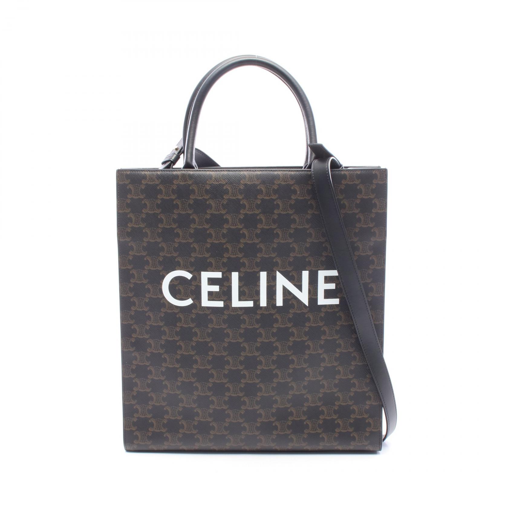 【二手】Celine CELINE中號豎款 Cabas Triomphe 2WAY 手提包 黑色/ブラウン/白色 PVC 塗層帆布皮革 Triomphe 豎款 Cabas 中號
