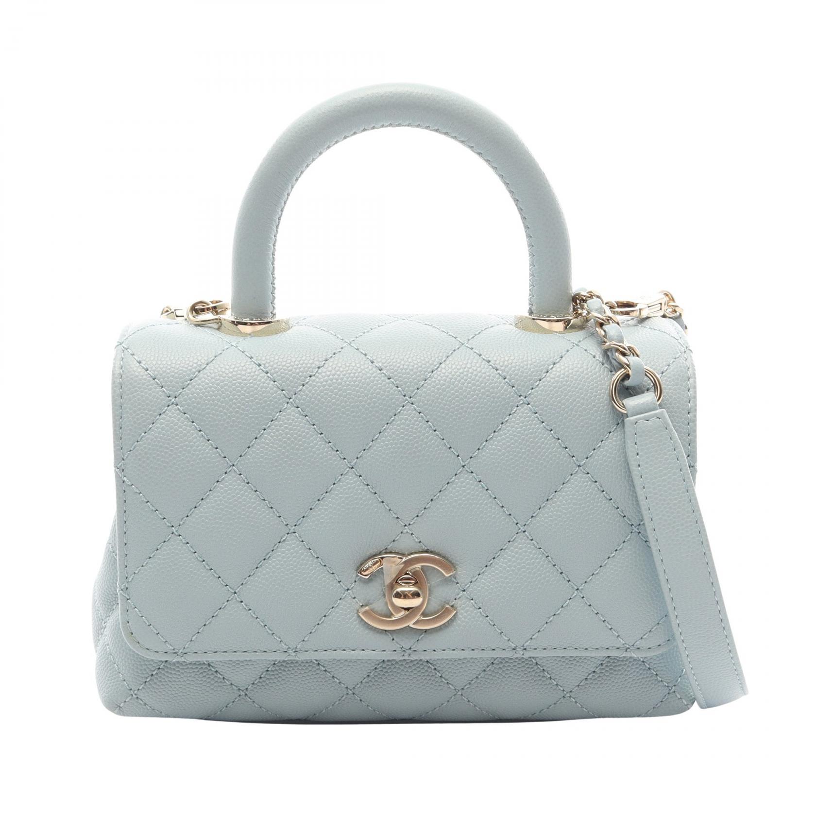 【二手】香奈兒 (Chanel) Coco Handle XXSTOPAS2215 藍灰色魚子醬紋小牛皮（粒面小牛皮）Coco Handle 絎縫雙肩帶鏈條