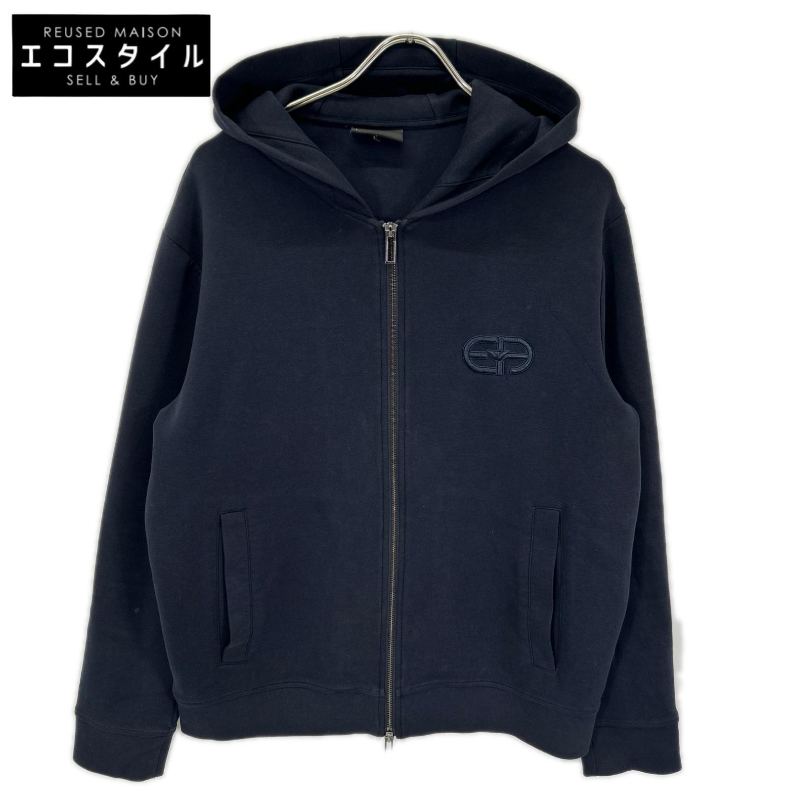 Emporio Armani 海軍藍 Logo 刺繡雙拉鍊連帽衫，L 碼 [二手]