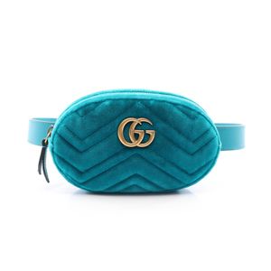 【二手】Gucci GG Marmont 腰包 476434 土耳其藍色織物皮革 GG Matelassé 腰包 女士二手 A