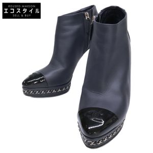 Chanel G30008 Coco Mark Chain Embellished Leather Booties, Size 38C [Pre-owned]