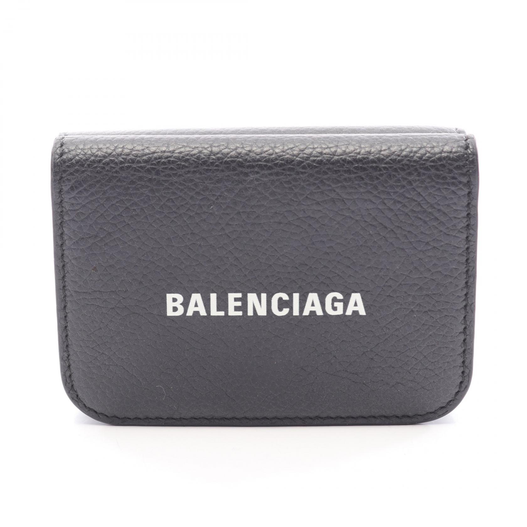 【二手】BALENCIAGACash Mini 迷你三折錢包 593813 黑/白皮革 Logo 三折錢包 女款