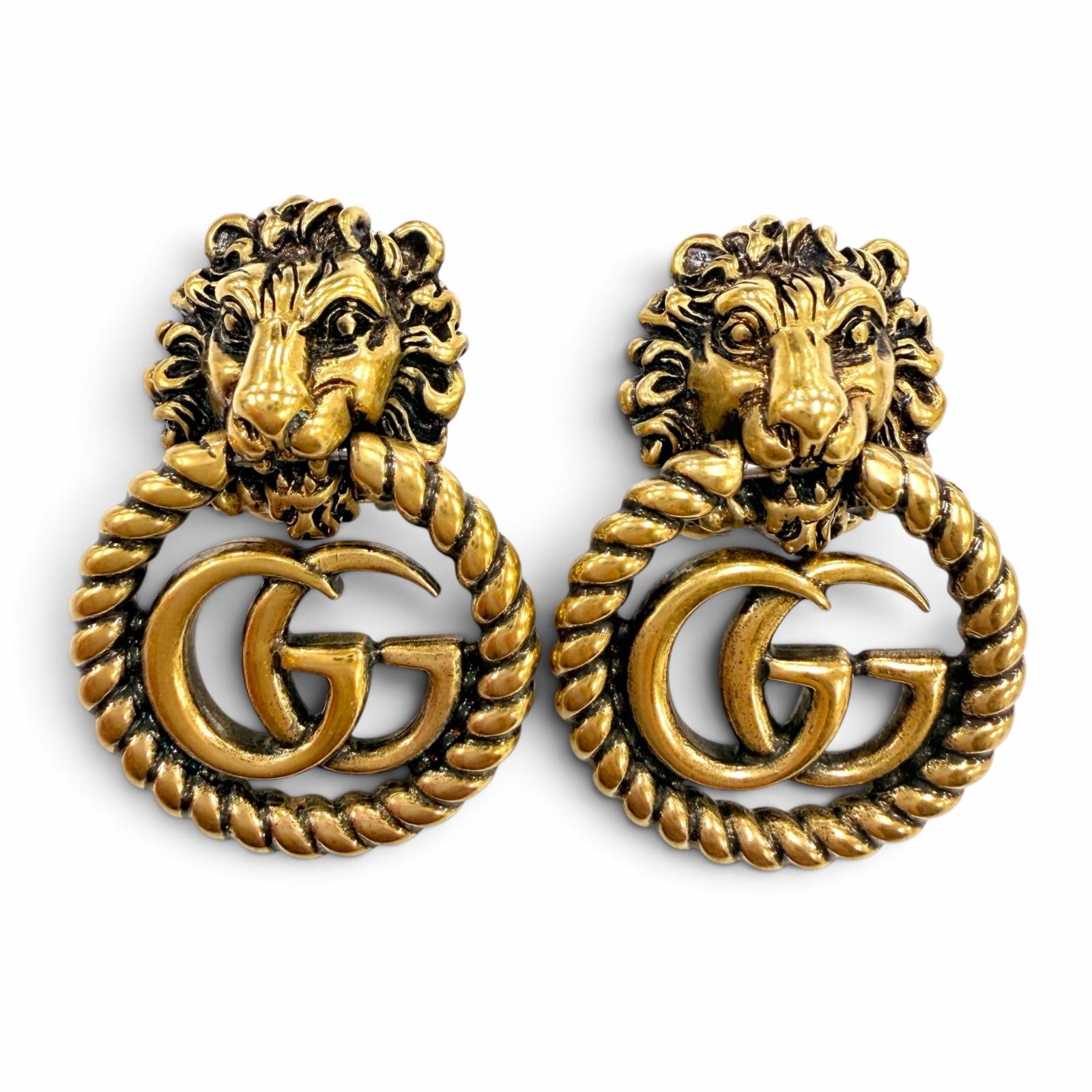 成色極佳☆GUCCI GG Marmont 獅子頭耳環，金色，義大利製，女士款，附防塵袋。