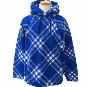 Unused item □ BURBERRY 8078276 Virgin wool blend check pattern pullover boa fleece hoodie Blue M Authentic Men's