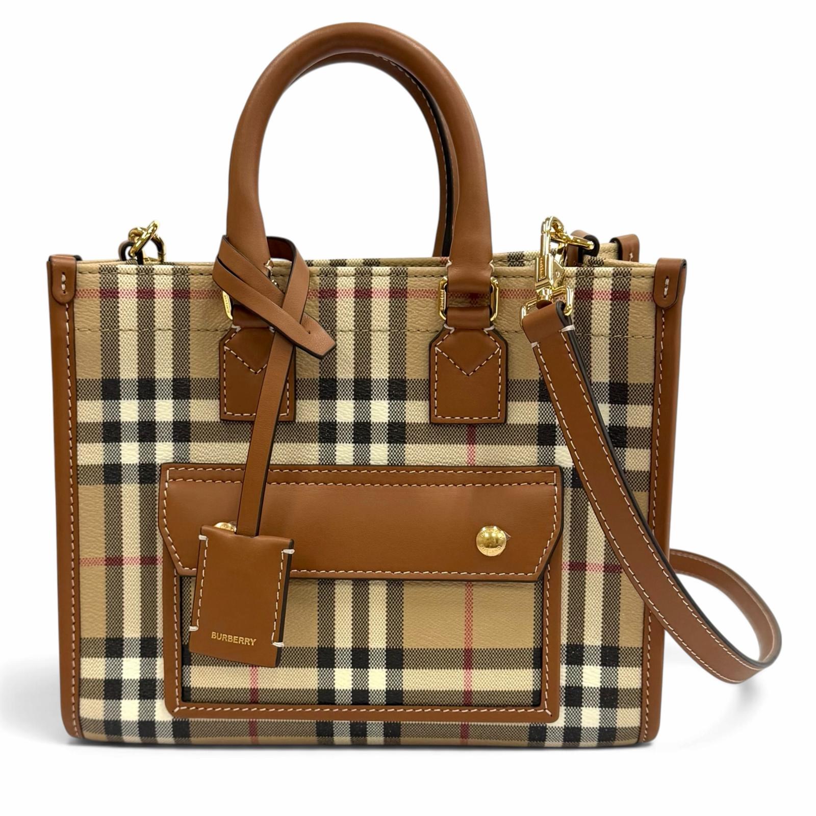 全新★BURBERRY 8097566 Nova 格紋皮革飾邊迷你 Freya 手提包/雙肩包 米ブラウン義大利製造 女款