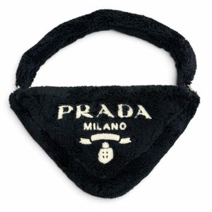 極美品★PRADA プラダ 1NE043 Terry Cloth トライアングルロゴ パイルバッグ ハンドバッグ ネイビー イタリア製 レディース