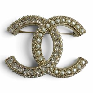 Mint condition □ CHANEL L22B Coco Mark Rhinestone Faux Pearl Brooch Pin Badge Gold Made in France Women's with Box