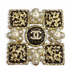 Mint condition★CHANEL L24S Coco Mark Eco Pearl Rhinestone Square Brooch Black White Gold Hardware Made in France Women's