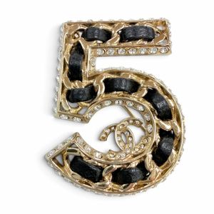 Mint condition☆CHANEL B23P No. 5 Coco Mark Rhinestone Leather Brooch Gold Black Made in Italy Women's with Box and Dust Bag