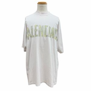 極美品▼BALENCIAGA バレンシアガ 739784 コットン100% テープロゴ ダメージ加工 クルーネック オーバーサイズ ショートスリーブ 半袖Ｔシャツ ベージュ L ポルトガル製 正規品 メンズ