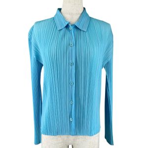 최상급 컨디션▲PLEATS PLEASE ISSEY MIYAKE PP21-JJ405 블라우스 긴팔 셔츠 스카이 블루 3 일본제 정품 여성용