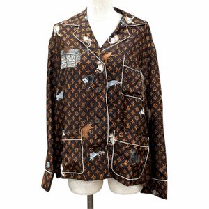 未使用品★LOUIS VUITTON ルイヴィトン シルク100％ モノグラムボタン キャットグラム 長袖シャツ ブラウン 36 イタリア製 正規品 レディース