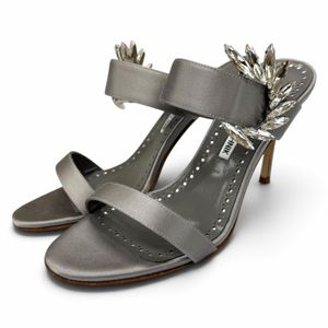Unused ★ MANOLO BLAHNIK CHIVELA Crystal Embellished Satin Stiletto Sandals, Gray, Size 37.5, Made in Italy, Women's, with Box and Dust Bag.
