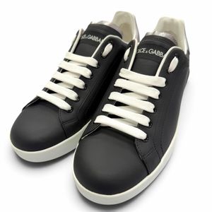 Unused item ▼ DOLCE&GABBANA Leather Lace-up Low-Cut Sneakers Black Silver Size 6 Made in Italy Men's