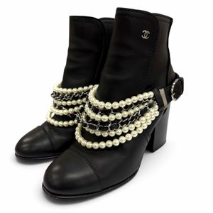 Excellent condition☆CHANEL G33932 Coco Mark Eco Pearl Chain Belt Leather Short Boots Black 36.5 Made in Italy Women's