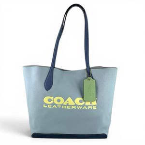 미사용품▲COACH 코치 CA097 키아 토트 컬러블록 레더 그래픽 로고 토트백 라이트 블루 여성용 보관 주머니 포함