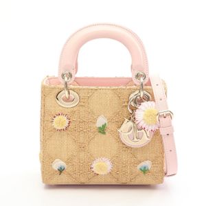 [Used] Dior Lady Dior Mini Handbag M06690ERJ_M918 NATURAL/Light Pink/Multi Leather Lady Dior Daisy Garden 2-way Tote Mini