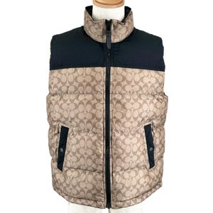 최상급 컨디션▲COACH 코치 CG625 바이컬러 가죽 디테일 로고 버튼 시그니처 다운 베스트 베이지 블랙 L 정품 남성용