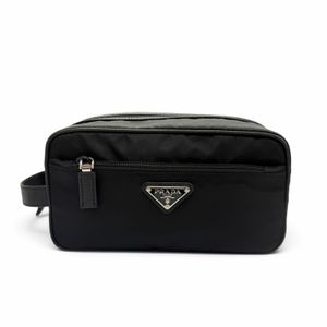 極美品▼PRADA プラダ 2NA819 ナイロン レザー トライアングルロゴ 三角プレート セカンドバッグ クラッチバッグ ブラック シルバー金具 メンズ