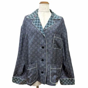 未使用品△LOUIS VUITTON ルイヴィトン シルク100％ LVボタン付き 3Dモノグラムプリント 総柄 長袖シャツ ネイビー系 マルチカラー IT 38 イタリア製 正規品 レディース