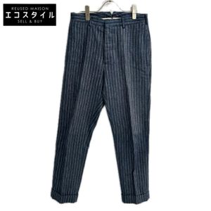 Double RL 782959827001 Italian-made Indigo Cotton x Linen Cinch Back Center Press Stripe Tapered Slacks Size 28 [Used]