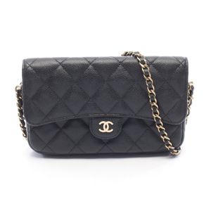 [สินค้ามือสอง] ชาแนล CHANEL กระเป๋าสะพายไหล่ Matelasse Chain Phone Case Wallet AP2096 สีดำ หนังคาเวียร์ (Grained Calfskin) กระเป๋าใส่โทรศัพท์พร้อมสายโซ่
