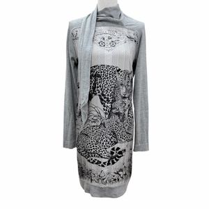 Mint condition ☆ HERMES Jungle Love silk cashmere twill long-sleeved knit dress, gray, size IT 36, made in Italy, women's.