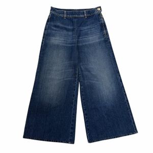 Mint condition☆CHANEL P78312V70544 100% Cotton Coco Mark Button Wide Leg Denim Pants Indigo Size 34 Made in Italy Authentic Women's