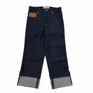 全新 ☆ LOEWE S359Y11X68 100% 純棉漁夫翻邊牛仔褲 Anagram 皮革貼片牛仔褲 靛藍色 34 號 義大利製造 正品女款