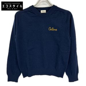 Celine, Hedi Slimane era, 2A07D959I, Navy x Yellow Wool Logo Embroidered Crew Neck Knit Pullover, Size S [Used]