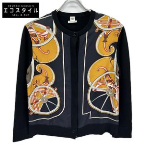 Hermes Lemaire era 14AW Black wool x silk scarf trim round neck knit cardigan size 36 [Used]