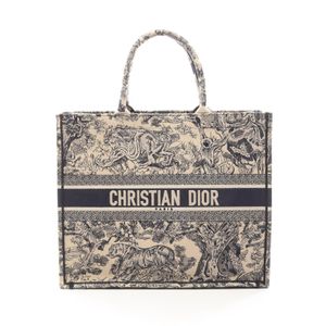 【中古】 ディオール Dior トートバッグ BOOK TOTE ブックトート ラージ トワルドゥジュイ ベージュ/ネイビー キャンバス レザー ブックトート トワルドゥジュイ ラージ