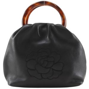 Chanel CHANEL Round Handle Bag Handbag Camellia Lambskin x Leather Made in Italy 1990 Black Magnetic Closure Round handle bag Women's [Used]