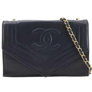 Chanel Chain Shoulder Bag, Lambskin, Made in Italy, Navy, Snap Button, Women's [Used]