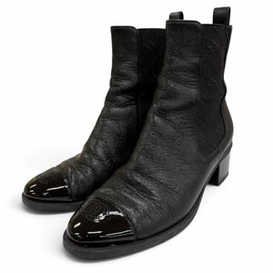 Excellent condition☆CHANEL G45937 Coco Mark Side Gore Leather Short Boots Black 37.5 Made in Italy Women's