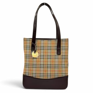 Mint condition★BURBERRY Burberry logo-embossed Nova Check pattern leather tote bag/shoulder bag in beige Braun for women