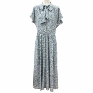 Excellent condition ★ CELINE 2R47B307O 100% Silk Triomphe Button Bow Tie Floral Dress Light Blue FR 38 Made in France Authentic Women's