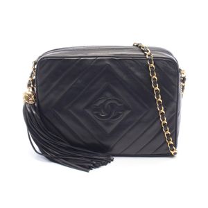 [Pre-owned] Chanel CHANEL Shoulder Bag, Diamond Stitch, Coco Mark, Tassel, Black Lambskin (Sheepskin), Diamond Stitch, Coco Mark, Fringe, Chain Shoulder