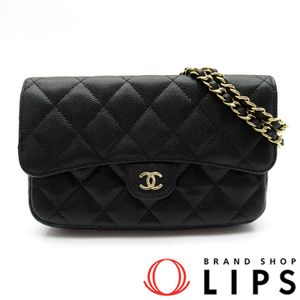 กระเป๋าสะพายไหล่ผู้หญิง ชาแนล Flap Phone Case Chain Wallet AP2096 หนังคาเวียร์ สีดำ【สินค้ามือสอง】