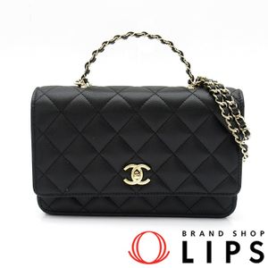 กระเป๋าสะพายไหล่ ชาแนล (Chanel) รุ่น Top Handle Chain Wallet AP4938 หนังคาเวียร์ สำหรับสตรี สีดำ【สินค้ามือสอง】